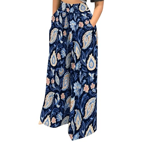 Womens Boho Floral Casual Wide Leg Pants Elastic High Waist Solid Color Pleated Print Palazzo Pants with Pockets