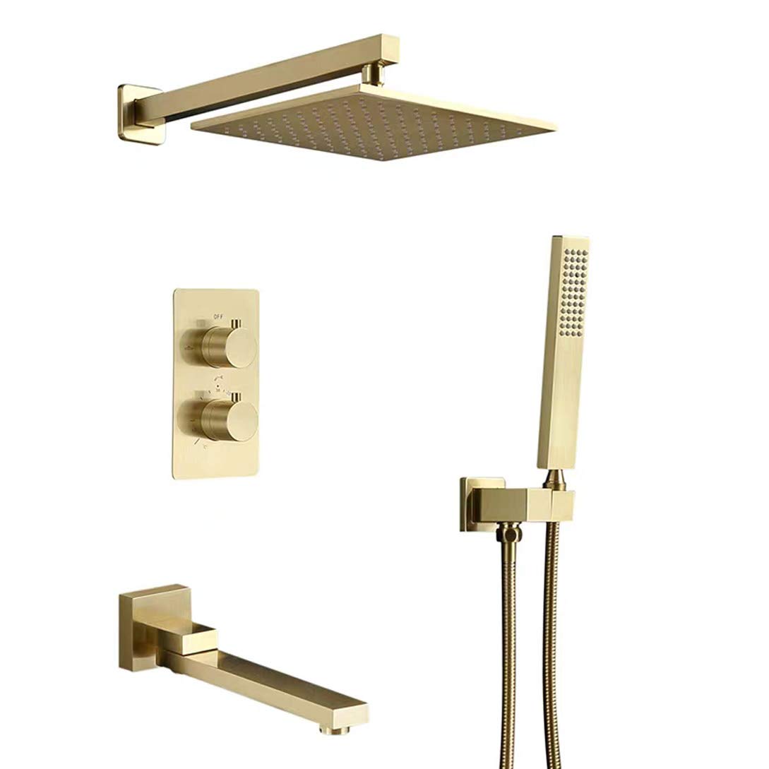 OZBMA shower set system, thermostatic brass brushed d taps with 10-12" square rainfall head and handheld tub taps, wall mounted set,10 inc