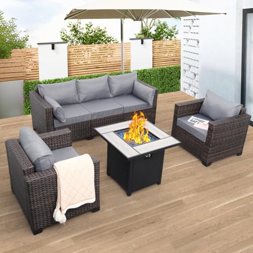 Valita Patio Rattan Furniture Set 4-Piece Outdoor PE Wicker Conversation Couch, Brown Sectional Sofa Couch with 50,000BTU Adjustable Fire Pit Table Non-Slip and Washable Gray Cushions