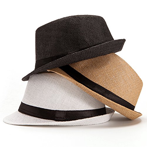 Image of LADYBRO 7 1 /4 Straw Fedora Hats for Men Summer Short Brim Trilby for Travel (Pack of 3, M /L)