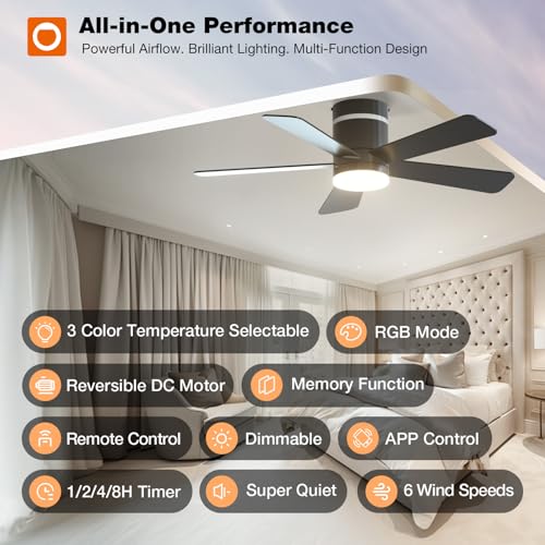 Image of addlon RGB Ceiling Fans with Light, 42'' Low Profile Flush Mount Small Ceiling Fan, Remote Control /APP Control, Reversible, Sleek Modern Fan for Bedroom, Living Room, Kids Room, Indoor /Outdoor, Black