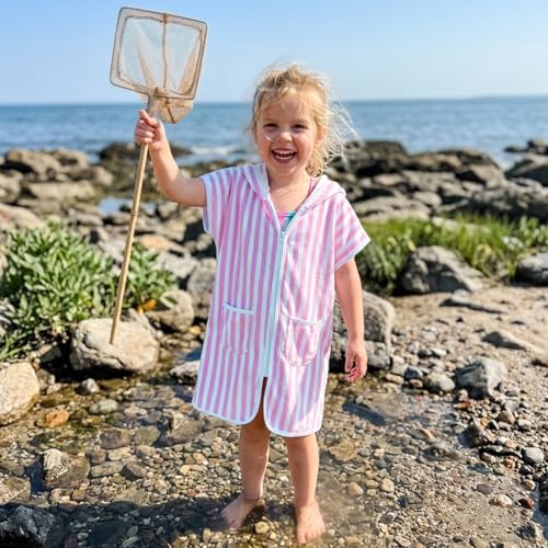 Image of Girls Boys Hooded Terry Coverups One Piece Swimsuits Summer Striped Trim Zip Up Short Sleeve Swim Cover Up Beachwear