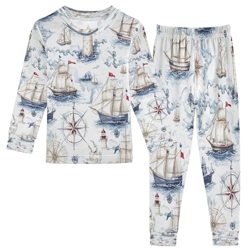 Vozoza Sea Map Nautical Pajama Sets Long Sleeve Top with Pants Cotton Soft Sleepwear 2 Piece Pjs Set Size 5T Multicolor
