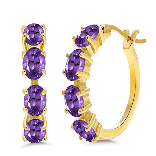 Gem Stone King 18K Yellow Gold Plated Silver Purple Amethyst Hoop Earrings For Women, 2.80 Ct Oval Gemstone Birthstone