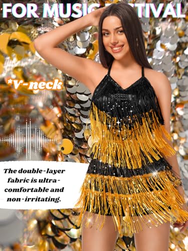 Image of Kaei&Shi Sequin Fringe Romper,Sparkly Glitter Metallic Jumpsuits For Women,Backless Shorts Dress Disco Birthday Dance Outfit