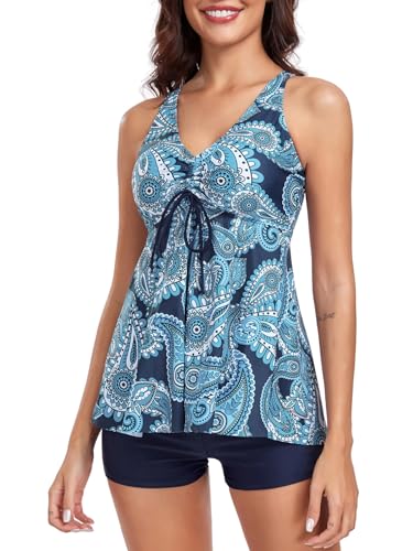 FLYILY Damen Zweiteilig Badeanzug Vorner Schnüren Racerback Bademode Plus Größe Tankini Set mit Boyshort(Blueprint,3XL) FLYILY Damen Zweiteilig Badeanzug Vorner Schnüren Racerback Bademode Plus Größe Tankini Set mit Boyshort(Blueprint,3XL)