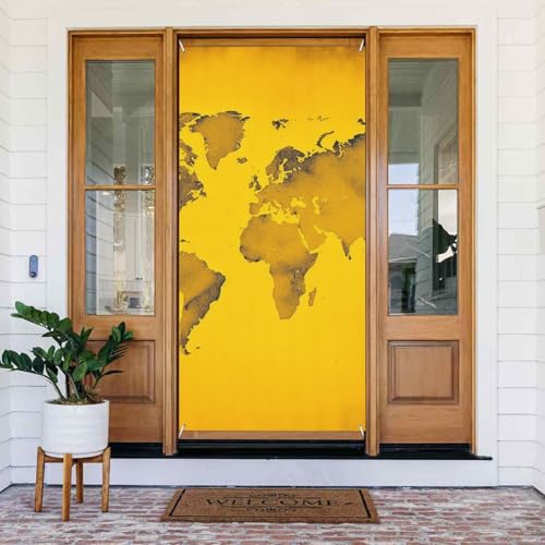 ドアカバー 季節のポーチドアサイン ドアバナー 黄色の世界地図 春 ウェルカム フロントドアカバー 大型フロントポーチバナー 装飾 パーティー背景装飾 庭 屋外