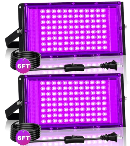 Image of TigQiang 100W 2 Pack LED Black Light IP66 Waterproof, Outdoor Blacklight Flood Light with Plug Switch Cord, for Halloween, Neon Glow in The Dark Party, Body Paint, Fluorescent Poster, Classroom