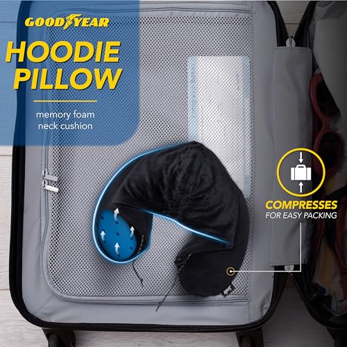 Image of Goodyear Travel Pillow with Hood - Neck Support for Comfortable Travel, Hooded Neck Pillow for Flights and Road Trips, Black