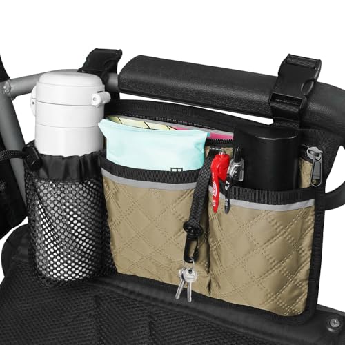 SHIFANQI Wheelchair Bag with Cup Holder, Wheelchair Accessories Armrest Side Bag Multi Pockets Pouch for Electric Wheelchairs, Walker, Rollators & Mobility Scooters, Adults, Seniors, Khaki