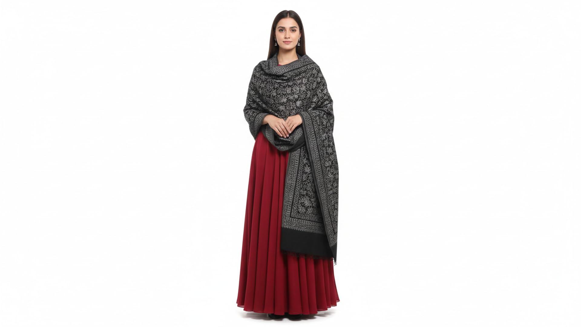 Women's Wool Shawl, Black, Paisley Floral Woven, Ethnic Style, Lightweight Warm Wrap for Wedding & Formal Occasions-picture-36