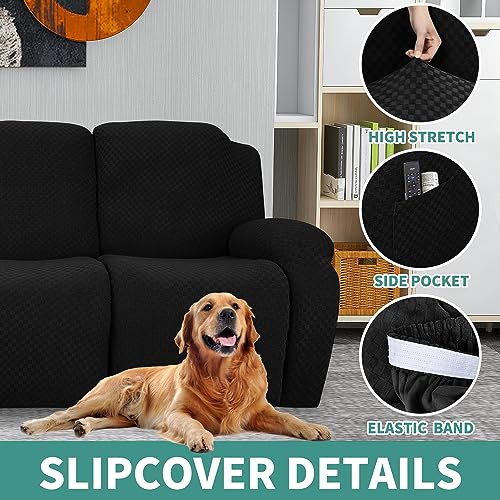Image of YEMYHOM 8 Pieces Stretch Recliner Sofa Cover Jacquard Reclining Couch Cover with Side Pocket Anti-Slip Fitted 3 Cushion Furniture Slipcovers with Elastic Bottom (Sofa Recliner, Black), Large