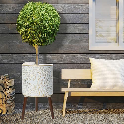 12inch Plant Pots with Wood Planter Holder Indoor Flower Pot with Gold Floral Embossed Modern Planters with Drainage Holes for Living Room, Office, Garden or Balcony