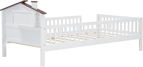 Miniatura 61 de Moderna plataforma de tamaño matrimonial con cabecera de almacenamiento y barandilla de seguridad para niños, plataforma de madera funcional con luz