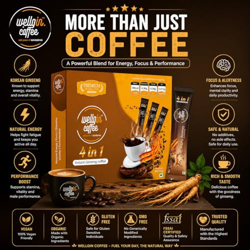 Image of Wellgin Premium Instant Ginseng Coffee | Korean Ginseng Infused Coffee for Energy, Focus & Stamina | Vegan, Organic, Gluten Free, GMO Free | No Added Preservatives | FSSAI Certified | Pack of 10 Sachets