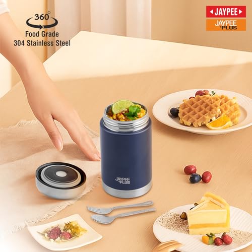 Image of Jaypee Plus Nutri Jar Stainless Steel Vacuum Insulated Food Jar With Bag & Spoon|Hot And Cold Thermal Flask|Double Walled Scratch Resistant Ideal for Office, School, Gym & Travelling | 550 ml, Blue