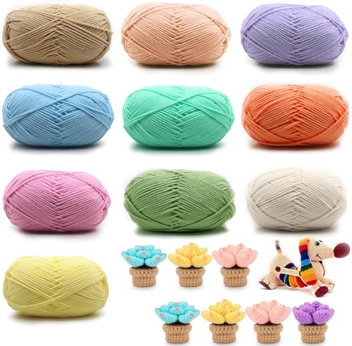 Hilo de algodón para tejer a mano, incluye hilo de algodón leche, para ganchillo y manualidades, para principiantes, fácil cuidado, 10 colores, 10 unidades x 50 g