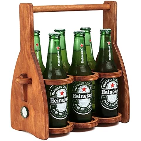 Wooden 6-bottle Beer Caddy - Collapsible drink Holder - Best Beer Lover Gifts for Men, Him, Dad - Six pack Wood beer Carrier basket tote organizer - Beer décor Bottle case drinking gadgets hand fit Cover