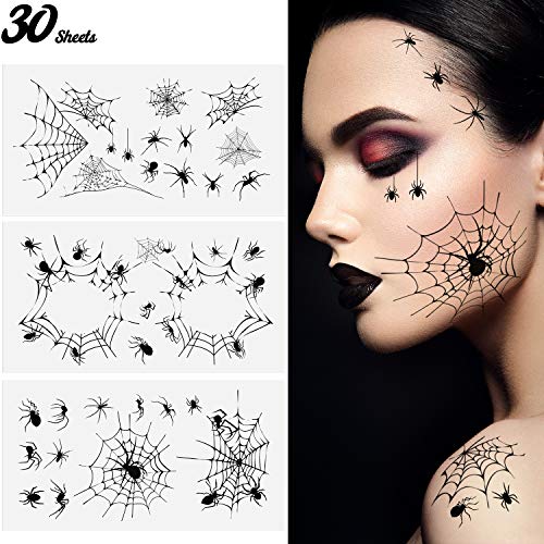 30 Sheets Halloween Spider and Spider Web Temporary Tattoos Stickers for Halloween Witch Costume Party on Face Cheek Arm Hand Ankle (Style 3)