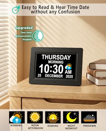 MASSII Dementia Clock with Date Time Voice Announcement, 27 Alarms Custom Reminders, Sleep Trainer, Auto DST, 10 Levels Night Dimmer, Large Talking Digital Calendar Clock for Elderly with 1.5M Adaptor - Image 2