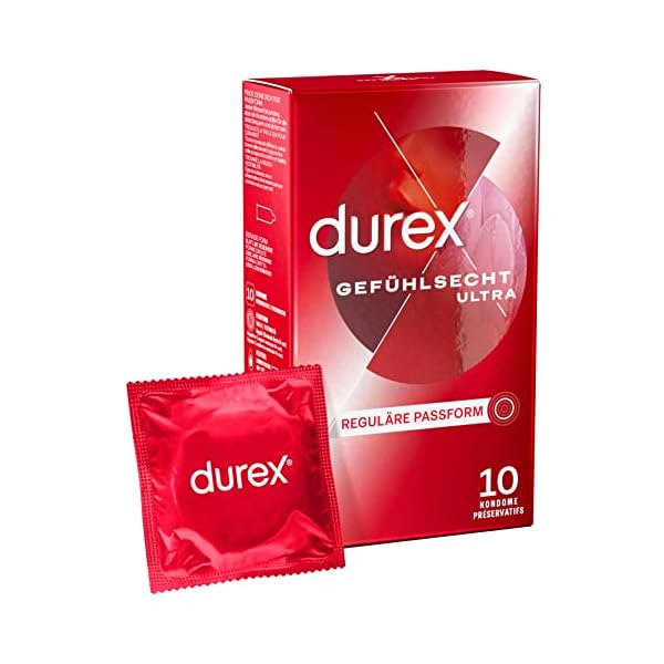 Durex Gefühlsecht Ultra Kondome – 20 % dünnere Kondom-Spitze, befeuchtet, transparent, angenehmer Geruch – 10er Pack (1 x 10 Stück)