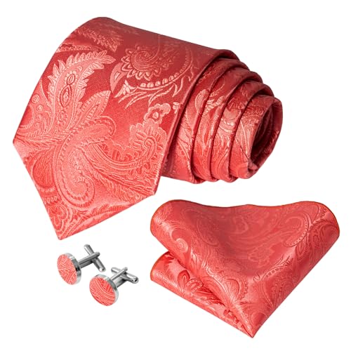 Image of 5PCS Mens Silk Designer Tie, Pocket Square, Cufflinks, Drilled Tie Ring and Lapel Pin Set for Wedding Groom Party