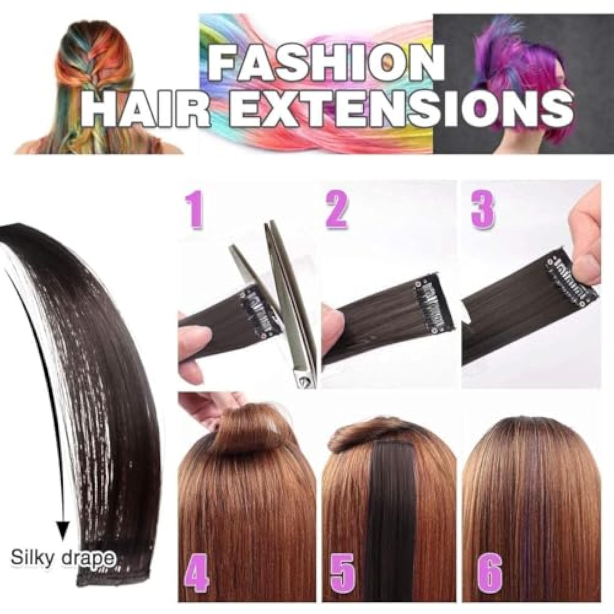 Full Head Party Highlights Clip-On Hair Extensions Pack of 6