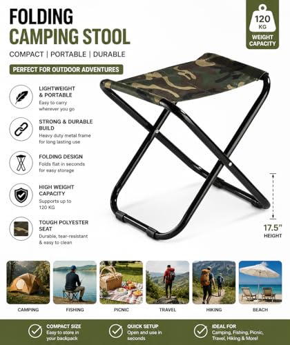 Image of Css Army Heavy Duty Folding Camping Stool, Outdoor Lightweight Small Chair for Camping, Fishing, Picnic, Travel and Hiking Camping BBQ Beach - 17.5 inch Height, Army Green -1 PC