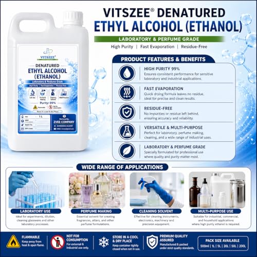 Image of VITSZEE Denatured Ethyl Alcohol 1L (Ethanol) | Laboratory & Perfume Grade | 99% Purity | Multi-Purpose Solvent | Fast Evaporation | Residue-Free Cleaning