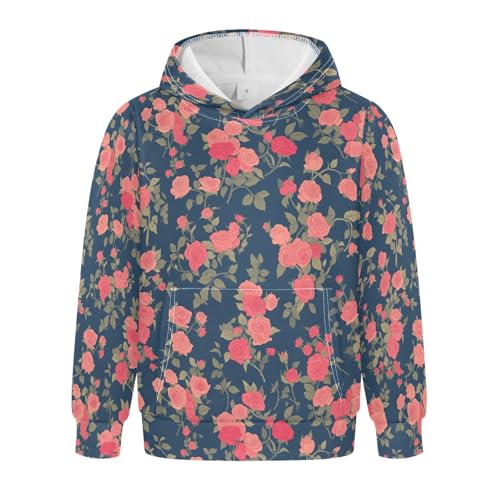 KLL Seamless Pattern Red Roses Unisex Girls Boys Sweatshirts Sweater Casual Hooded Pullover Hoodies with Kangaroo Pocket