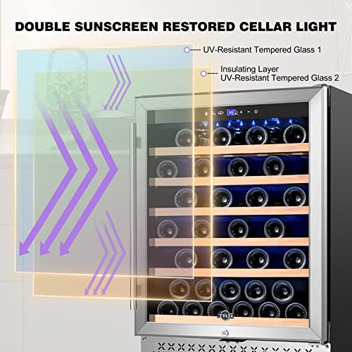 Image of Tylza 24 Inch Wine Fridge, 54 Bottles Wine Refrigerator, Under Counter or Freestanding, 40-65F, Lock, Double Layer Tempered Glass Door, Wine Cooler Refrigerator with Adjustable Wooden Shelves