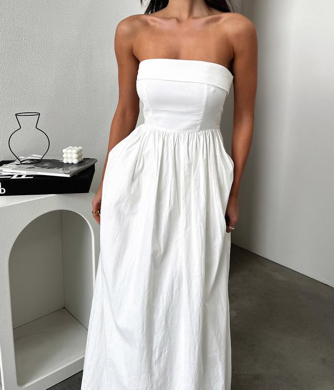Women Summer Strapless Maxi Tube Dress 2024 Trendy Solid Pleated Flowy Dress Wedding Guest Maxi Dresses Party Club3