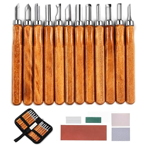 12 piezas kit de herramientas para tallado de madera: kit de bloques de tallado con piedra para afilar cera verde y 3 hojas de cuchillas para tallar madera, frutas y verduras, acero al cromo vanadio