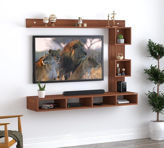 Image of Anikaa Kirina Engineered Wood Wall Mount TV Unit with LED Lights TV Cabinet TV Entertainment Unit Set Top Box Stand (Walnut) (Ideal for 43 Inch)(D.I.Y)
