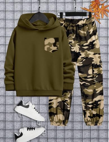 Image of KANGKANG Boys Clothes Two Piece Long Sleeve Hooded Sweatshirt Top Camouflage Sweatpants Fall Outfits Winter Clothes Set 6-16Y