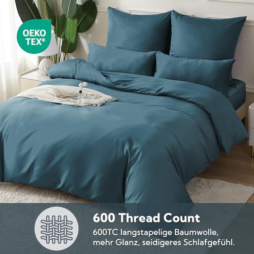 SOULFUL Satin Bettwäsche 200x200 Baumwolle Kühlend, Oeko-Tex, Pfauenblau – Ansicht 3