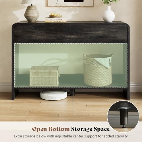 Image of AMERLIFE 55 inch Modern Console Table with 2 Storage Drawers and Open Shelf, Wooden Entryway Table with Curved Edges, Sofa Table Behind Couch for Hallway, Foyer, Entrance, Living Room, Black