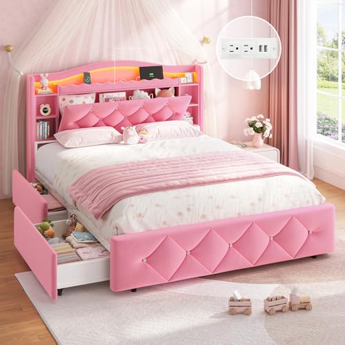 Image of DICTAC Full Size Bed Frame for Girls with 4 Storage Drawers, Bookcase Headboard, LED Lights and Power Outlets, Diamond Tufted Velvet Upholstered Princess Platform Bed, Heavy-Duty Metal Support, Pink