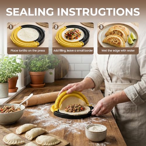 Image of Tortilla Sealer with Detachable Molds (6 inch, 8 inch, 10 inch) | 3-in-1 Crimper for Homemade Quesadillas, Tacos, Calzones and Burritos- Dishwasher Safe, BPA-Free Kitchen Tool(Black Yellow)