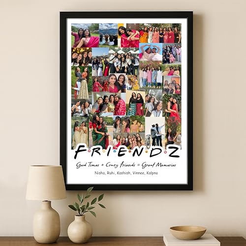 Image of Personalized FRIENDZ Collage Multiple Pictures Photo Frame | Large Portrait Layout for Friends, Girls, Cousins & School Memories | Customised Aesthetic Gift for Birthday, Farewell & Anniversary | Glare-Free Laminated Wooden Frame | Sizes - A4 /A3