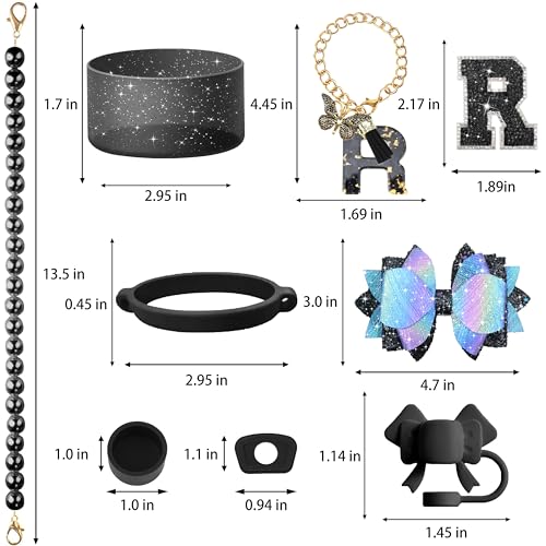 Hpebl 9PCS Black for Stanley Cup Accessories Set Bling Initials Bow Charms for Stanley Decorations 30/40 Oz Tumbler Accessories Including Bow Straw Topper, Handle Strap, Spill Stopper（Letter R） - image 3
