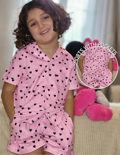 Image of Arshiner Girls Pajamas Sets Short Sleeve Kids Pjs Button Down Sleepwear | Cute Printed Pajamas for Little & Big Girl, Lightweight Comfy Fabric, 2-Piece Outfits, Perfect for Lounge Pajamas Party