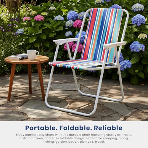 Image of Pivalo Folding Beach Chair with Arm Rest Portable Lightweight Rainbow Stripped Foldable Fishing Chairs for Travelling Picnic & Outdoor Camping Hiking Garden (Medium, Red Stripe)