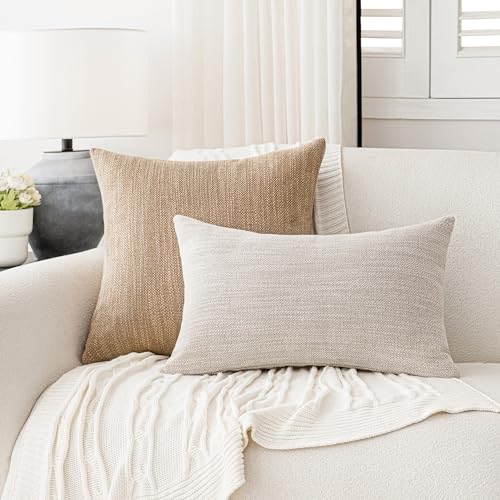 Image of Foindtower Set of 2 Decorative Textured Burlap Linen Throw Pillow Covers Farmhouse Boho Cushion Cover Solid Accent Pillowcase for Couch Sofa Bed Living Room Home Decor,18x18 Inch,Khaki Camel