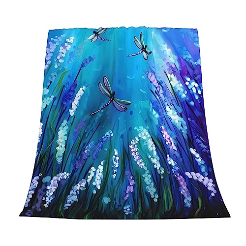Manta de forro polar con diseño de flores moradas y libélula linda, súper suave, acogedora, lavable, ligera, mullida para sofá, cama, oficina, viajes, camping, manta de felpa cálida para todas las