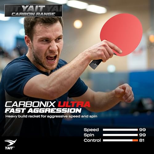 Image of Carbonix Ultra Professional Table Tennis Racquet | ITTF Approved Gambler X3D Rubber | 7 Layer Blade | Red Chroma Carbon| Hyper Pore Sponge | Ayous, Kiri & Koto Wood| Ultra Speed & Spin TT Racquet
