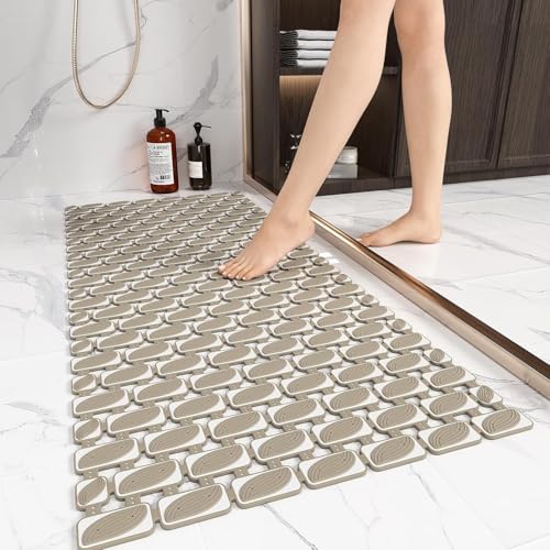 Image of HomeCloud Non-Slip Shower Mat for Bathtub, Anti-Slip Bath Mat with Suction Cups, Drainage Holes & Foot Massage Exfoliating Surface (D Beige)