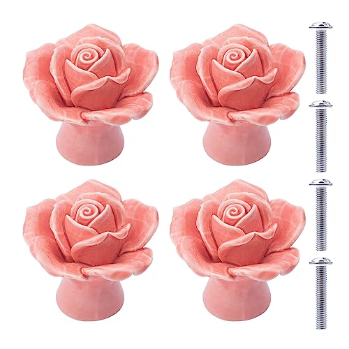 NAKUPENDA Ceramic Knobs 4 Pieces Ceramic Rose Flower Knob Drawer Knobs Porcelain Rose Furniture Knobs for Drawers Cupboards Cabinet Doors (Pink)
