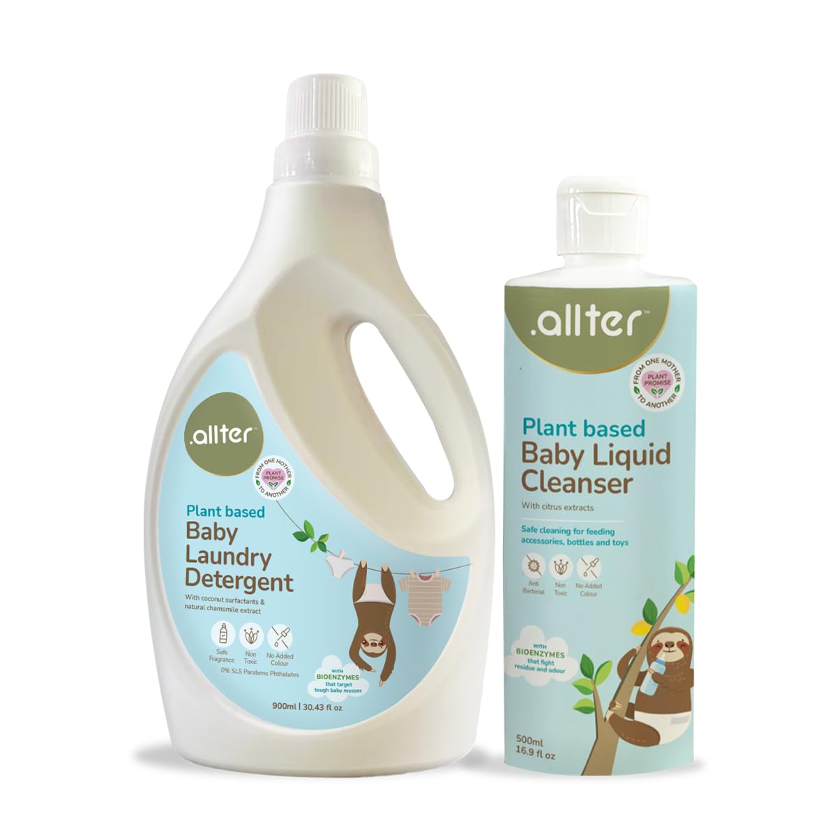 .allter Baby Laundry & Liquid Cleanser Combo | Plant-Based Care with Coconut Surfactants, Bio-Enzymes, Chamomile & Citrus | Gentle on Clothes, Bottles, Toys | Non-Toxic, Residue-Free | 900ml + 500ml