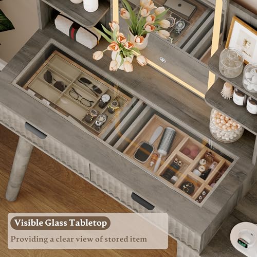 Image of Xixini Fluted Vanity Desk with LED Lights Mirror & Charging Station, Grey